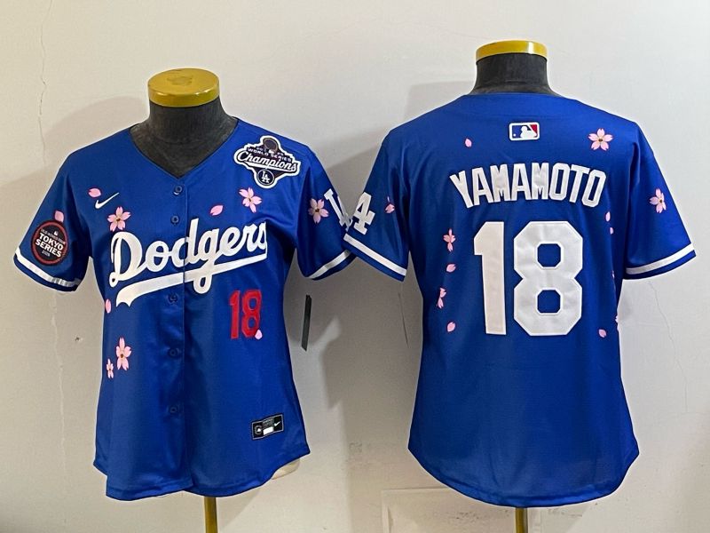 Women Los Angeles Dodgers #18 Yamamoto Blue Sakura Edition 2026 Nike MLB Jersey 005